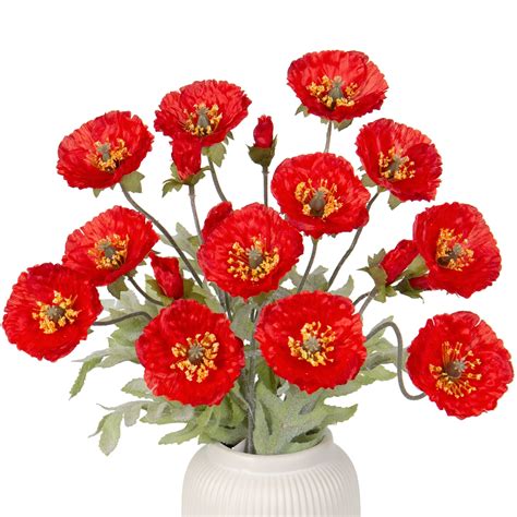 3 Pcs Red Poppy Artificial Flowers 27.5" Silk Fake Flowers Long Stem