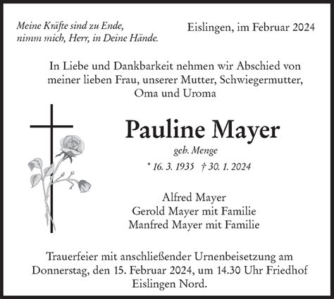 Traueranzeigen von Pauline Mayer Südwest Presse Trauer