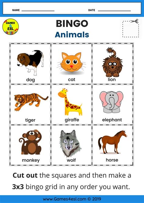 English Worksheets Animal Bingo Cards