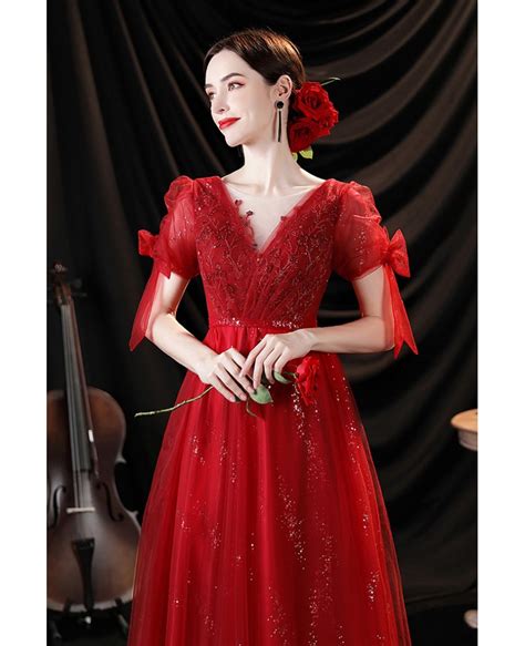 Red Bling Tulle Illusion Vneck Aline Prom Dress With Sequins Wholesale