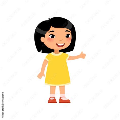 Little Asian Girl Showing Thumbs Up Gesture Color Flat Vector