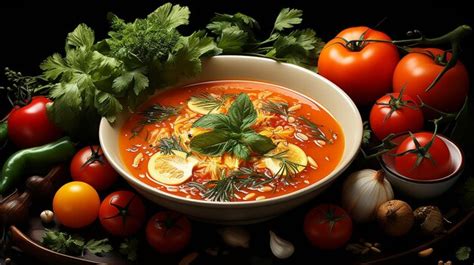 Premium Ai Image Bowl Of Tomato Soup Surrounded By Tomatoes And Peppers