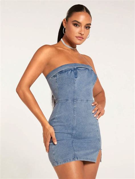 SHEIN BAE Split Hem Tube Denim Dress SHEIN USA