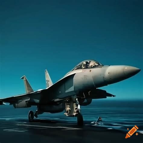 Cinematic Photo Of A Fighter Jet On An Aircraft Carrier