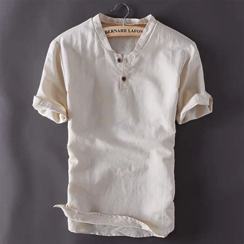 Mens Pullover Linen Shirts Short Sleeve Summer Breathable Mens Quality