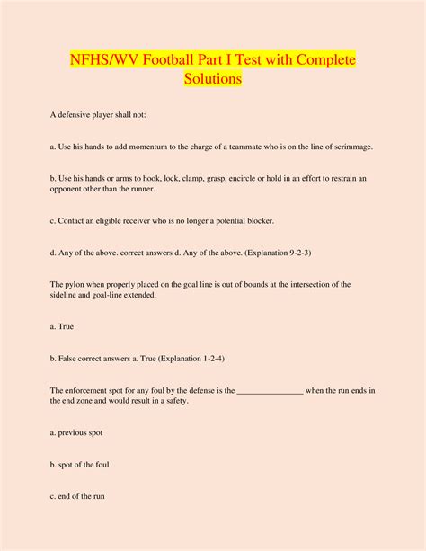 Nfhs Wv Football Part I Test With Complete Solutions Update