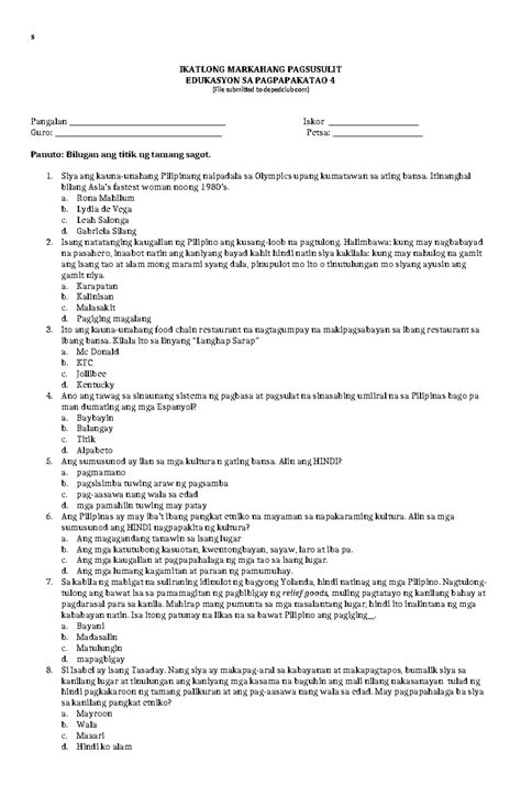 ESP 4 Third Periodical TEST S IKATLONG MARKAHANG PAGSUSULIT EDUKASYON