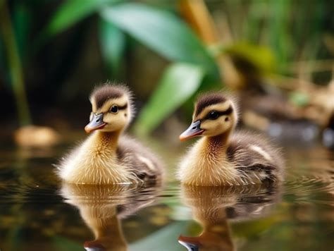 Premium AI Image | Two baby ducks are swimming in a pond.