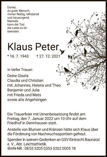 Traueranzeigen Von Klaus Peter Trauer HNA De