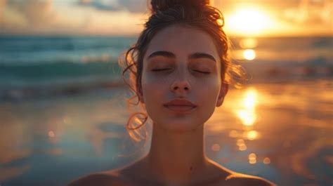 Woman With Eyes Closed On Beach At Sunset Premium Ai Generated Image