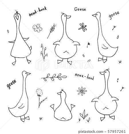 Goose Doodles Set Cute Geese Sketch Hand Stock Illustration