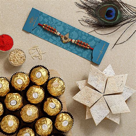 Balaji Rudraksha Rakhi With Kaju Katli And Ferrero Rocher Exp Usa