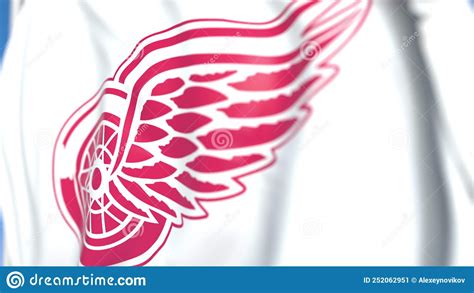 Waving Flag With Detroit Red Wings Nhl Hockey Team Logo Close Up