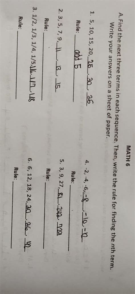 Math 6a Find The Next Three Terms In Each Sequence Then Write The Rule For Finding The Nth