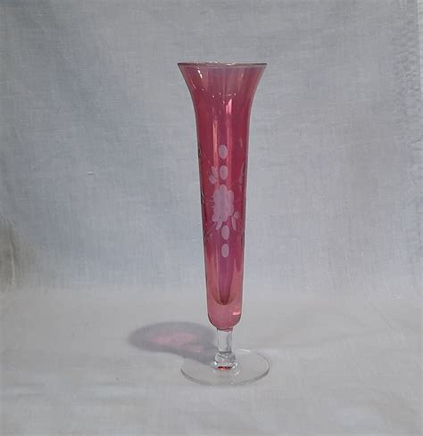 Vintage Cranberry Glass Etched Vase Red Glass Vase Etched Red Vase Etched Cranberry Glass