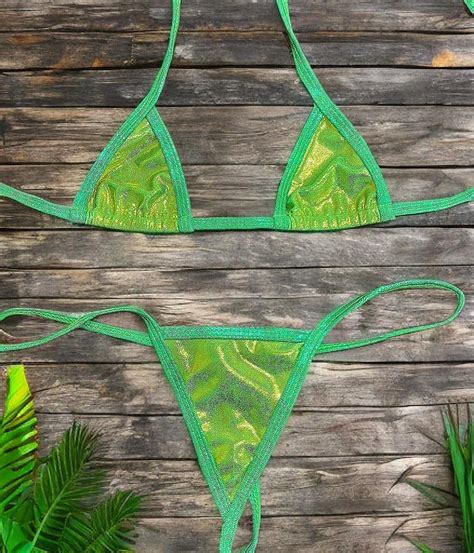 Micro Shiny Green String Teiliges Bikini Set Winziges Dreieck Top Extreme Micro Tanga