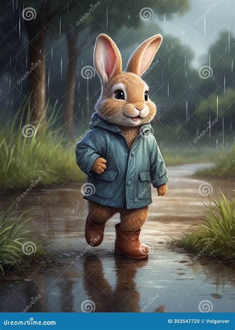 Easter Bunny Outdoor Under Rain In Coat And Boots Stock Illustration