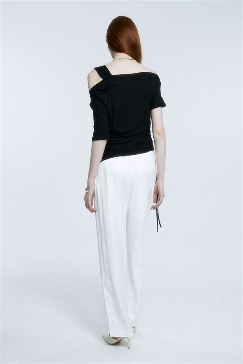 Musee Saint Germain Unbalanced Off Shoulder Jersey Top Black S I