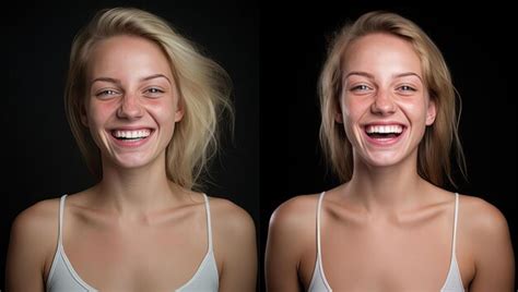 Premium Photo | A woman makes a fake smile before and after in the ...
