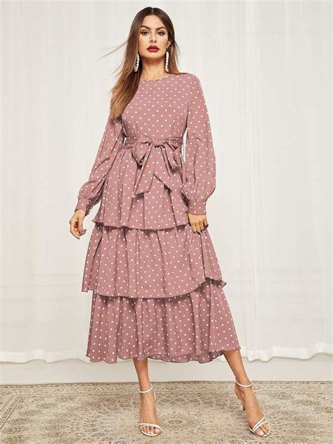 Shein Bishop Sleeve Belted Layered Polka Dot Dress 212021095080897176