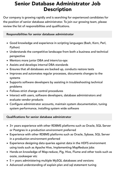 Senior Database Administrator Job Description Velvet Jobs