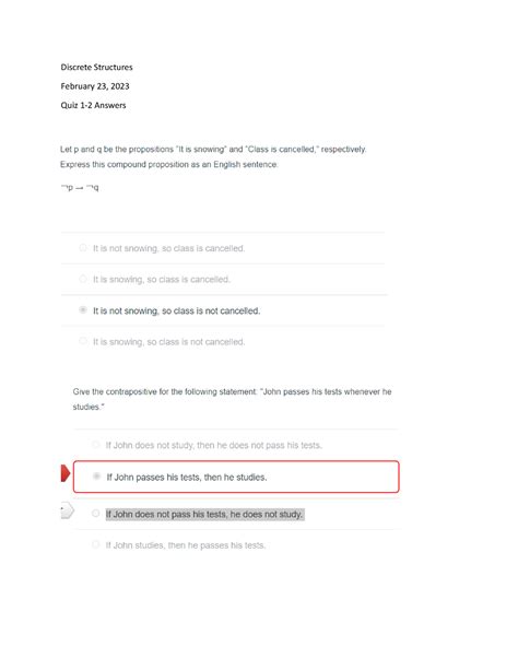 Discrete Structures Quiz 1 2 Answers CS 381 Discrete Structures