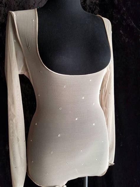 Belly Dance Costume Burlesque Costume Nude Mesh Bodysuit Rhinestone Leotard Sheer Bodysuit