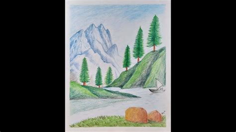 Colour Pencil Drawing Of Himalayan Mountain Peak With Pine Trees My