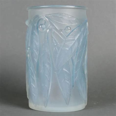 Vase Laurier Verre Opalescent Patine Bleu Ren Lalique R Lalique Glass