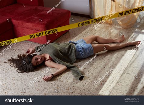 Crime Scene Imitation Lifeless Woman Lying Stock Fotografie