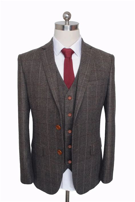 Custom Made Woolen Windowpane Dark Brown Herringbone Tweed British