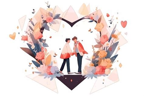 Pareja De Anime Gay Dentro De Un Coraz N Floral Ilustraci N De Fondo Rom Ntico De San Valent N