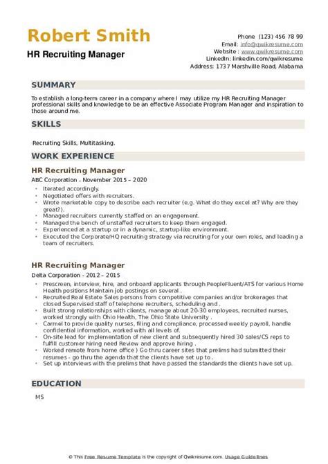 Hr Recruiting Manager Resume Samples Qwikresume