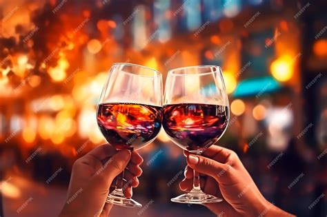 Premium Photo Two Glasses Of Wine Toasting With A Fire In The Background