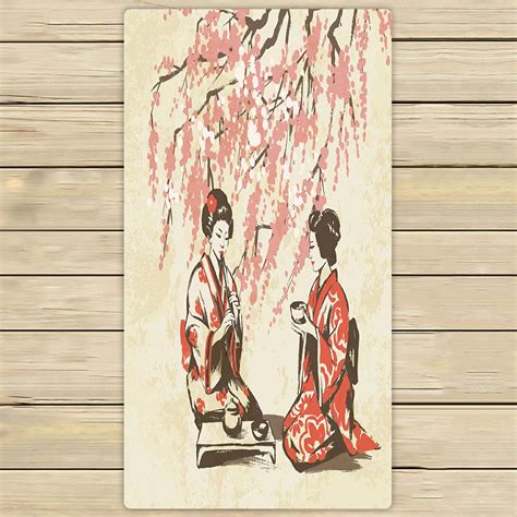 Phfzk Asian Towel Japanese Lady Wearing Kimono With Cherry Blossom