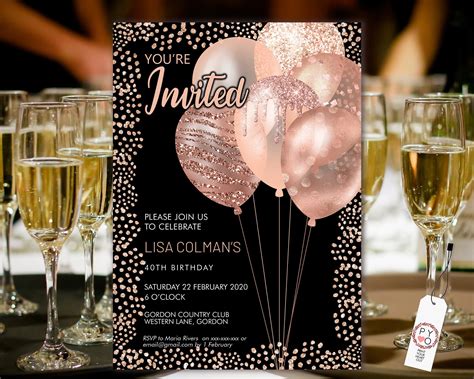 Rose Gold Birthday Balloons Invitation Printable Template Etsy