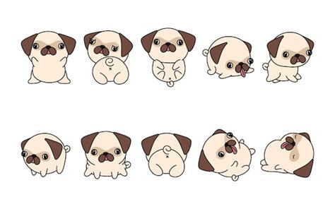 Conjunto De Dibujos Animados Aislado Perro Pug Conjunto De Lindo Pug