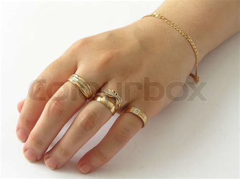 Hand Mit Goldenen Ringen Stock Bild Colourbox