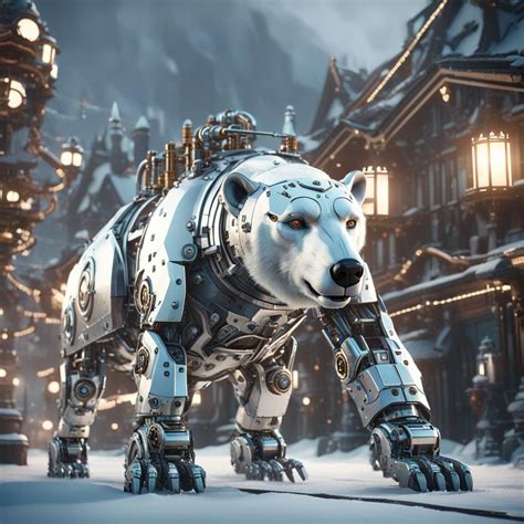 Steampunk Polar Bear Walking Through Midwinter Town Ai Generated