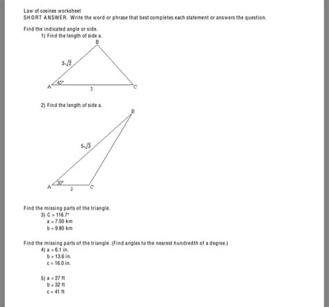 Worksheet Law Of Cosines