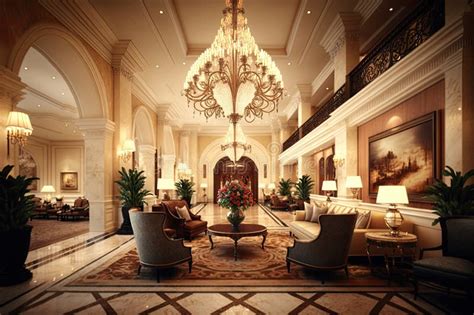 A Grand And Luxurious Hotel Lobby With A Towering Crystal Chandelier