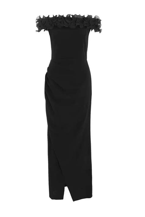 Black Bardot Ruffle Ruched Maxi Dress Quiz Clothing