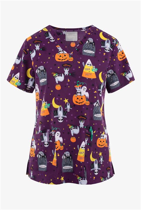 Cherokee Genuine Spooktacular Sloths Women S 2 Pocket Stretch V Neck Print Scrub Top