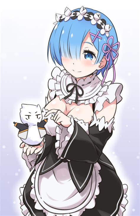 Safebooru 1girl Black Ribbon Blue Eyes Blue Hair Blush Breasts Cleavage Detached Sleeves Dress