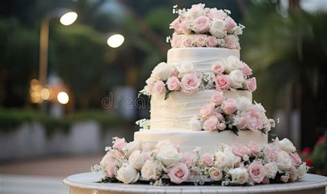 A Three Tiered Wedding Cake With Pink And White Flowers Stock