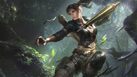 an image of a woman holding two swords in her hands and standing in the woods