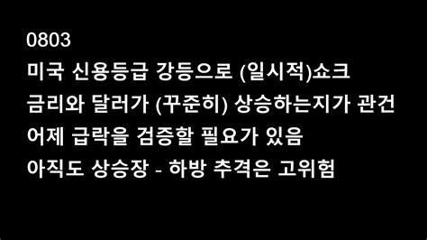 0803 미국 신용등급 강등 일시적쇼크 금리와 달러가 꾸준히상승하는지가 관건 어제의 급락을 검증하는 중 아직