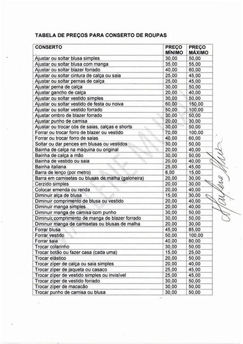 Tabela De Pre Os De Costura E Reforma De Roupas Marlene Mukai