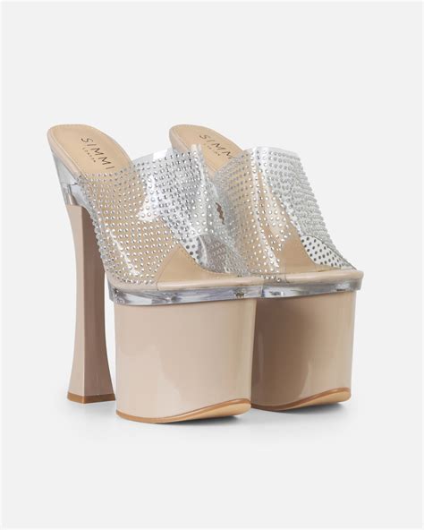 Angel Nude Diamante Clear Platform High Heel Mules Simmi London