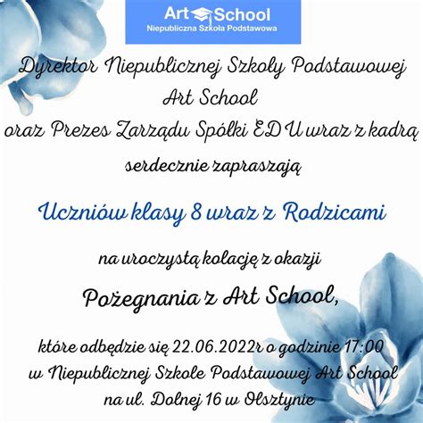 Zaproszenie na uroczystą kolację Szkoła podstawowa Olsztyn Art School